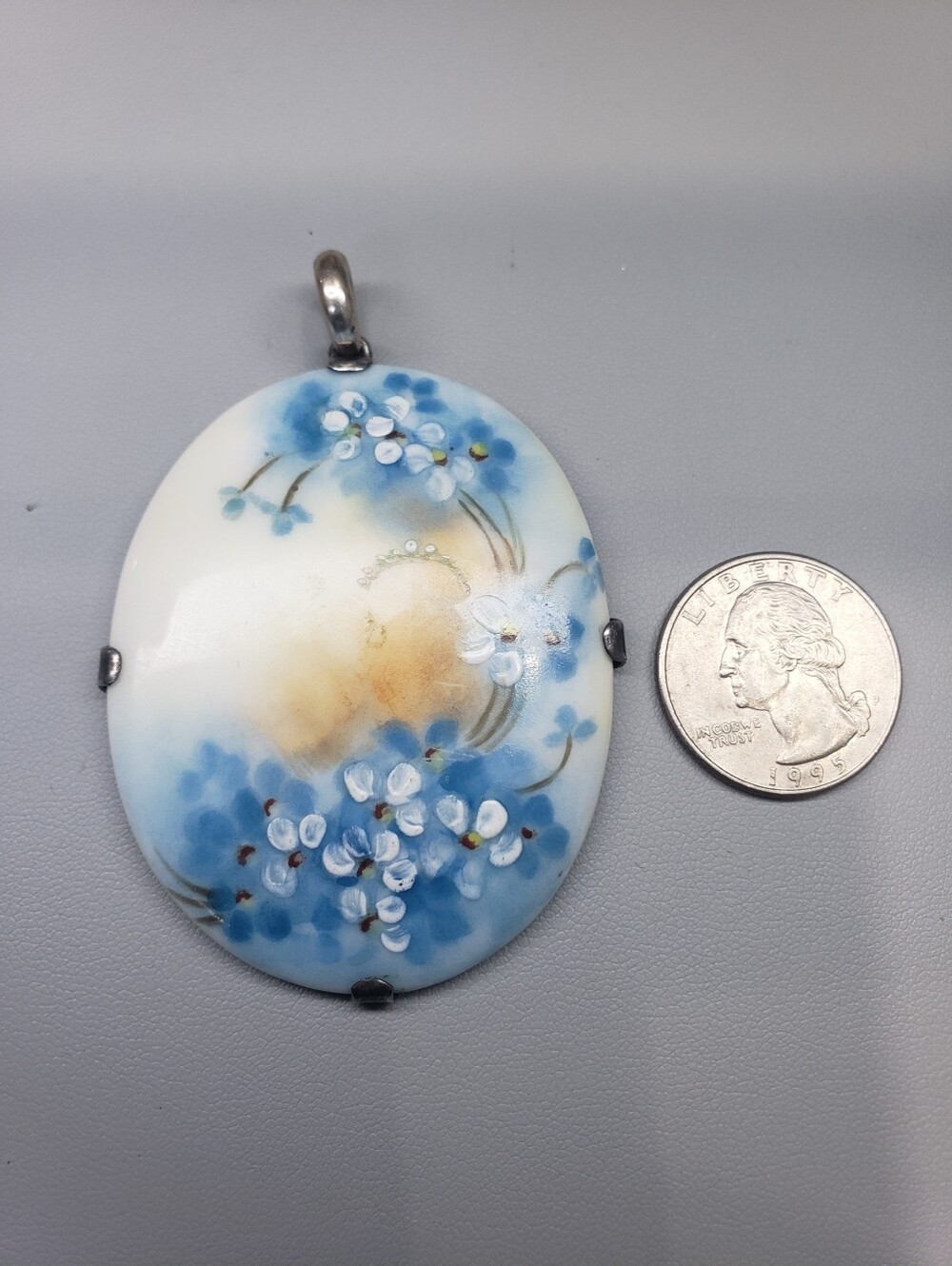 Vintage Hand-Painted Floral Porcelain Cameo Pendant And Sterling Silver